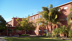 Facade of Maya Hall from east residential courtyard