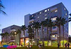 Evening photo of Zura Hall from the northeast